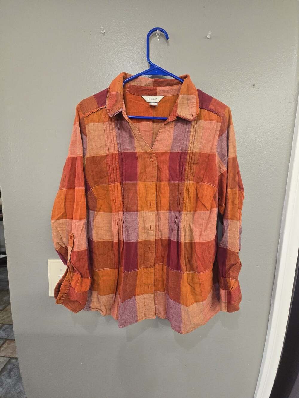 CJ Banks Plaid Button Down Shirt Size X Orange Long Sleeve